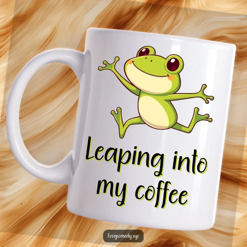 Funny frog high jump mug, a smiling long-legged amphibian leaping joyfully in mid-air, perfect for a funny gift.