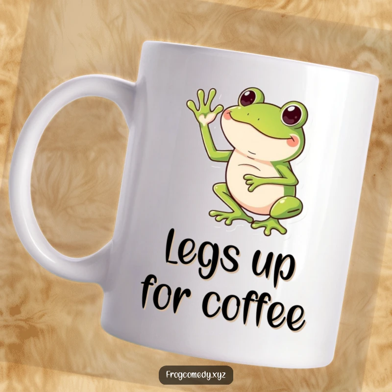 Funny mug showing a cartoon frog enthusiastically waving hello using its long legs in an exaggerated motion.
