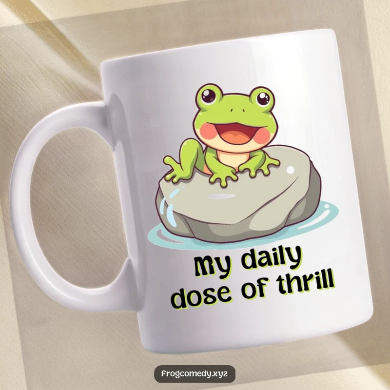 Funny frog mug showing a gleeful frog joyfully sliding down a smooth, wet rock.