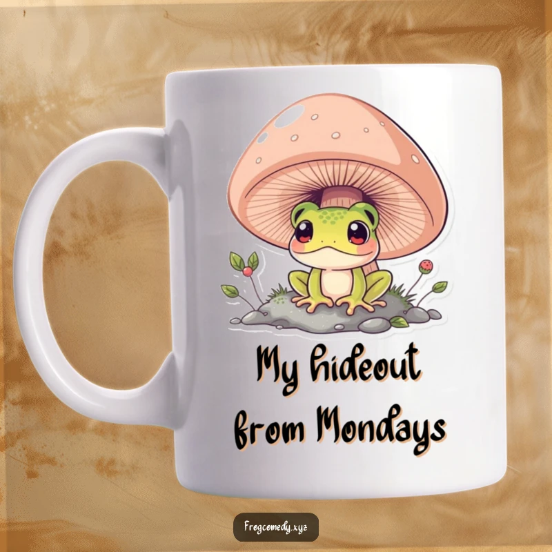 Funny frog peeking from under a big mushroom, cute woodland animal mug, curious and playful character, perfect gift.
