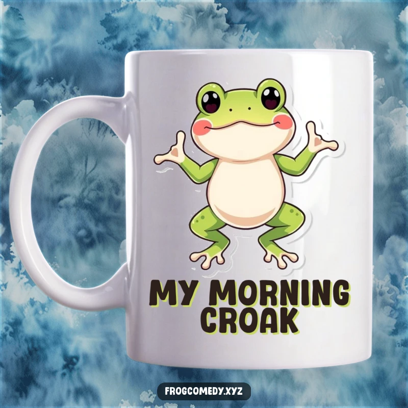 Funny frog mug showcasing a happy amphibian enthusiastically doing a silly wiggle dance, celebrating joy with its webbed feet.