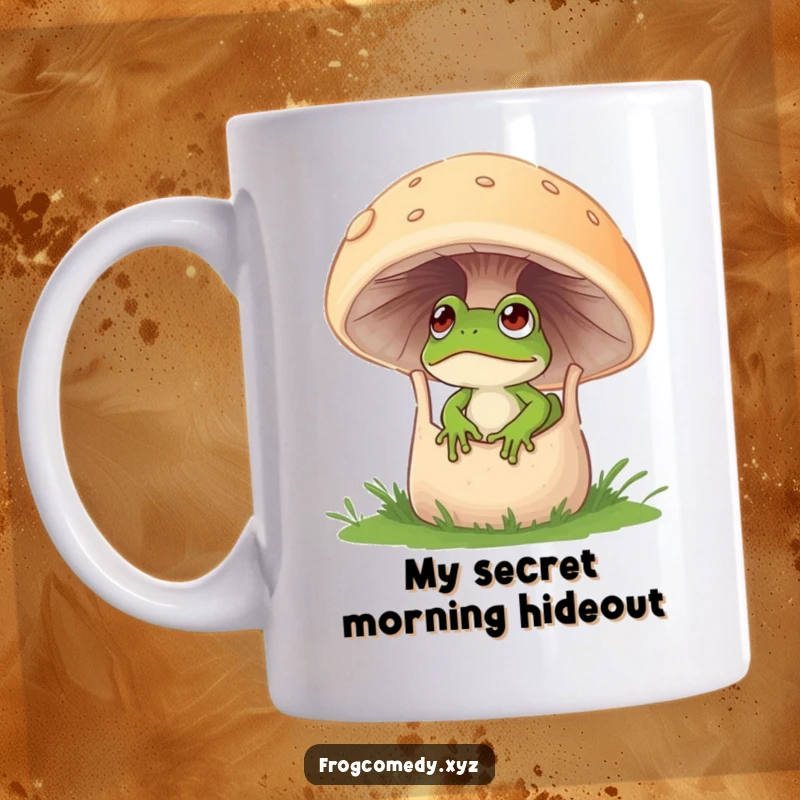 Funny frog mug showing a curious frog peeking its head out from a large, hollowed-out mushroom.