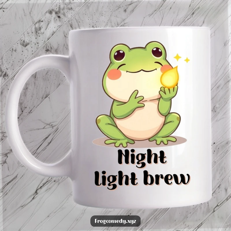 Funny kawaii frog mug, shyly offering a glowing firefly with gentle eyes, embodying kindness and a sweet spirit.