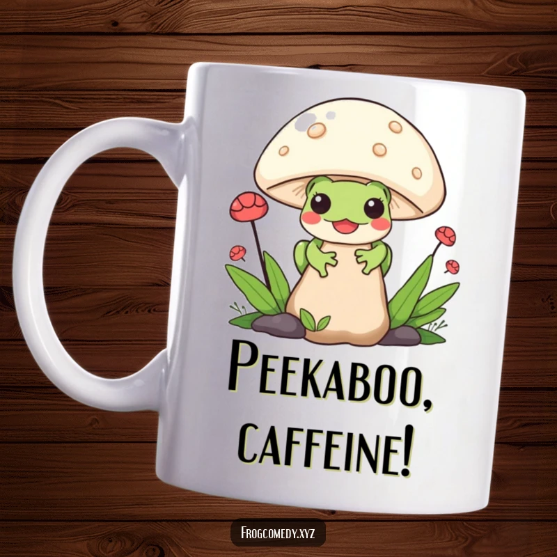 Funny Kawaii Frog Mug: A cute frog peeking from behind a giant mushroom, bringing playful hide-and-seek fun to your favorite mug.