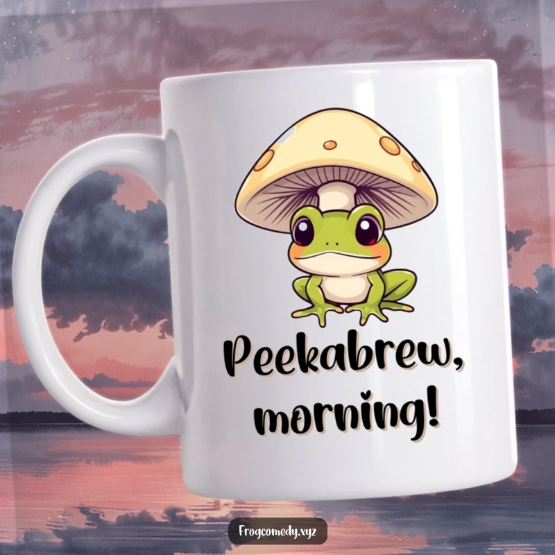 Funny frog curiously peeking from under a mushroom on a mug, inviting wonder and playful discovery.