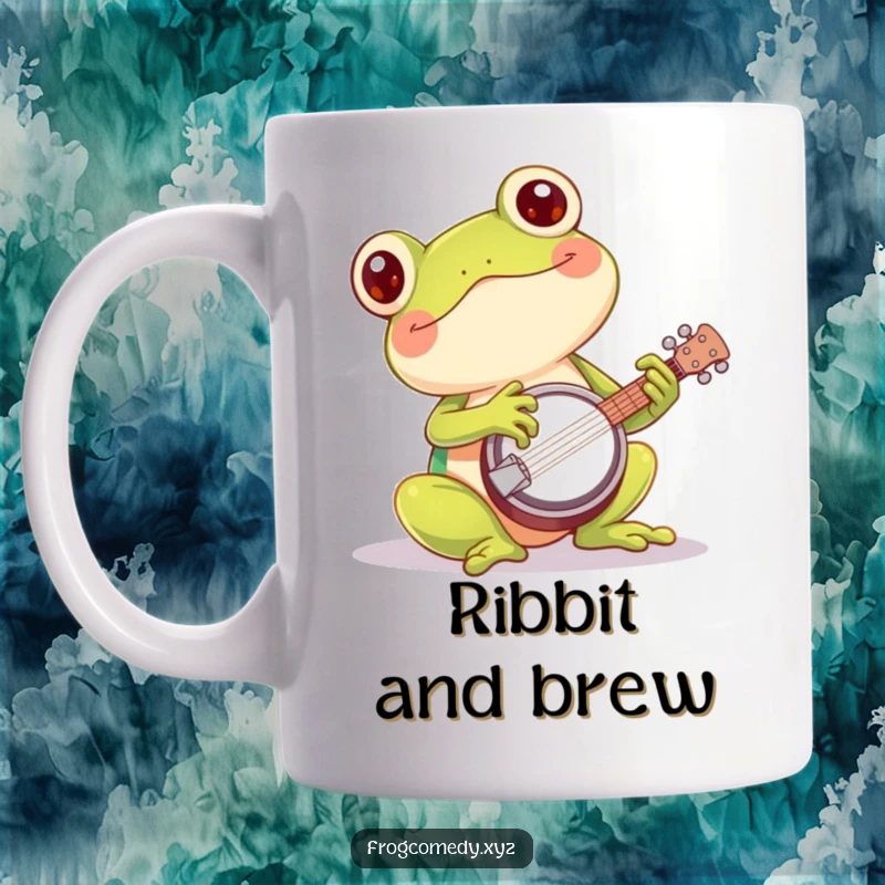 Funny kawaii frog mug featuring a cute amphibian enthusiastically playing a tiny banjo with a joyful expression.