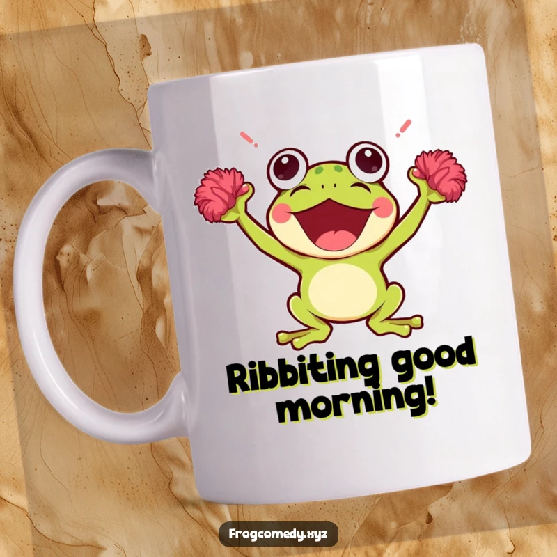 Funny Kawaii Frog Mug: A cute frog character enthusiastically cheering with tiny pom-poms, bringing energy and joy to your beverage.