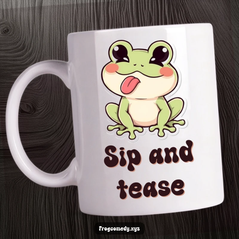 Funny Kawaii frog winking with its tongue sticking out playfully, on this delightful and humorous mug.
