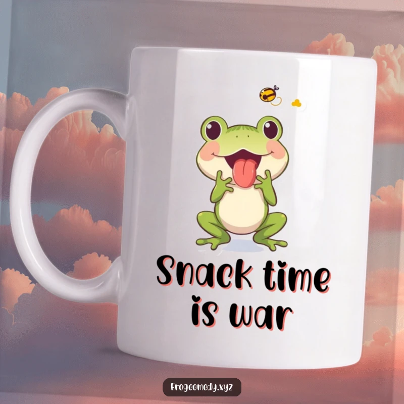 Funny frog character with tongue extended, excitedly catching a fly mid-air, printed on a humorous mug.