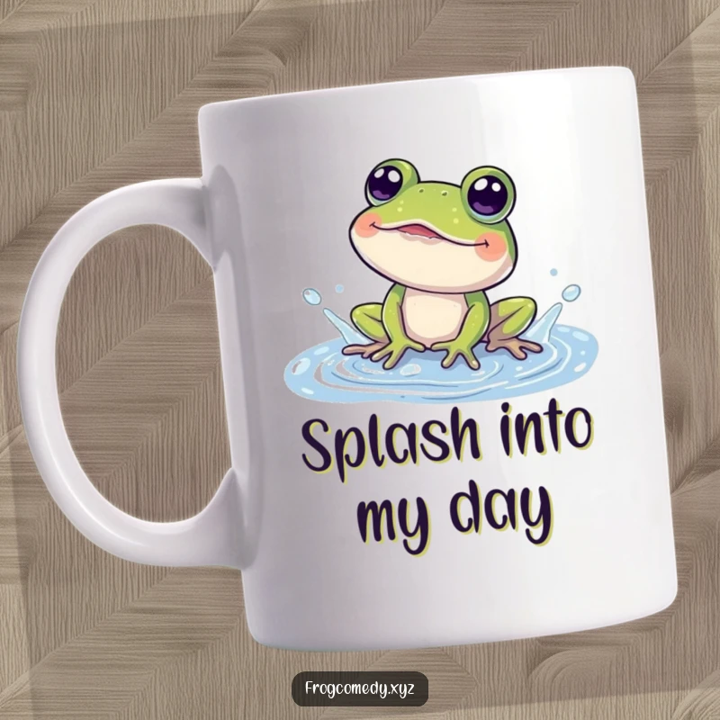 Funny mug showing a cartoon frog ecstatically splashing in a puddle, eyes wide with pure amusement and delight.
