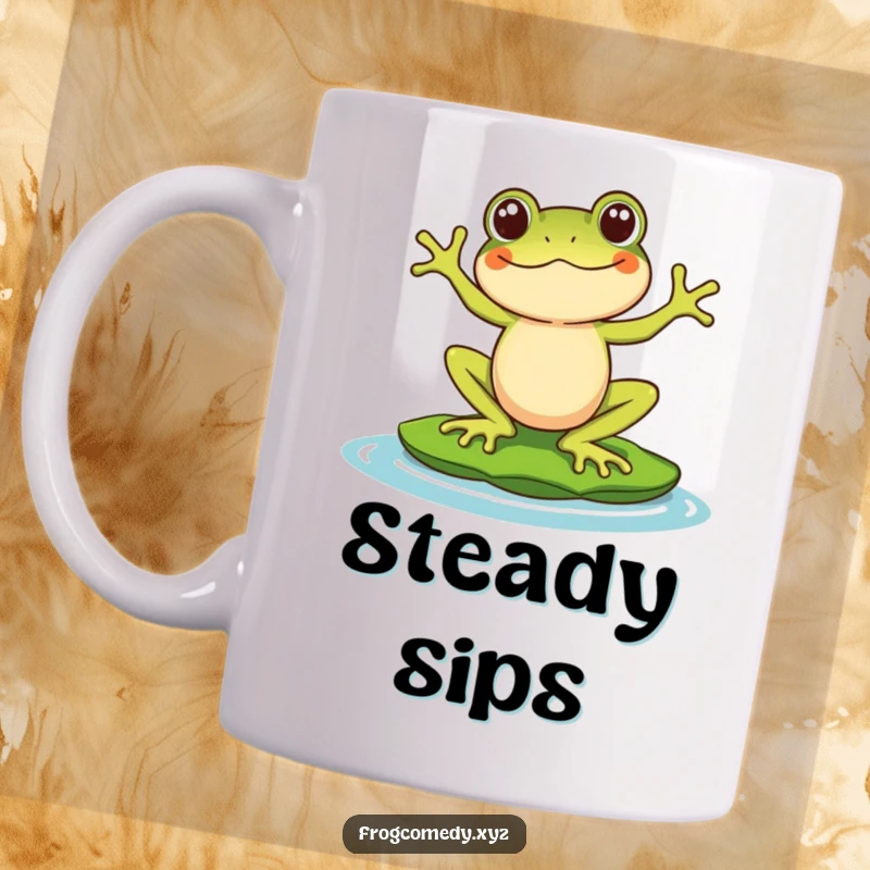 Funny Kawaii frog mug showing a stylized character comically balancing precariously on a lily pad, conveying a sense of playful struggle and adorable charm.
