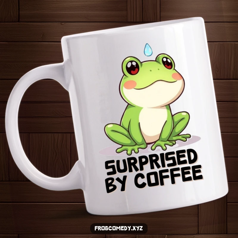 Funny Kawaii frog mug featuring a stylized frog looking surprised as a single raindrop falls, a humorous and relatable moment.