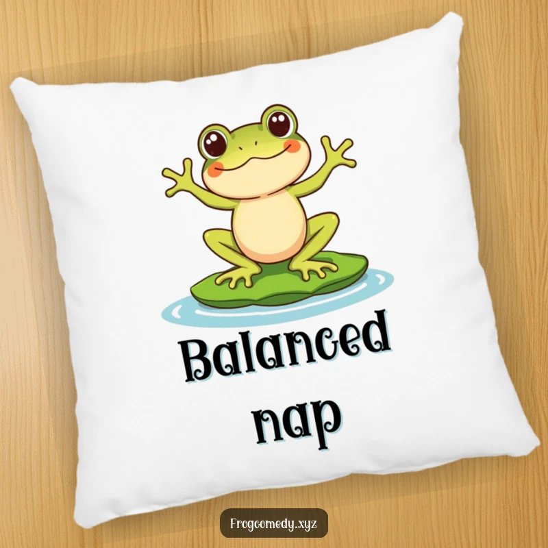 Funny pillow featuring a Kawaii stylized frog character comically balancing on a lily pad, providing comfort and a dose of cute, relatable humor.
