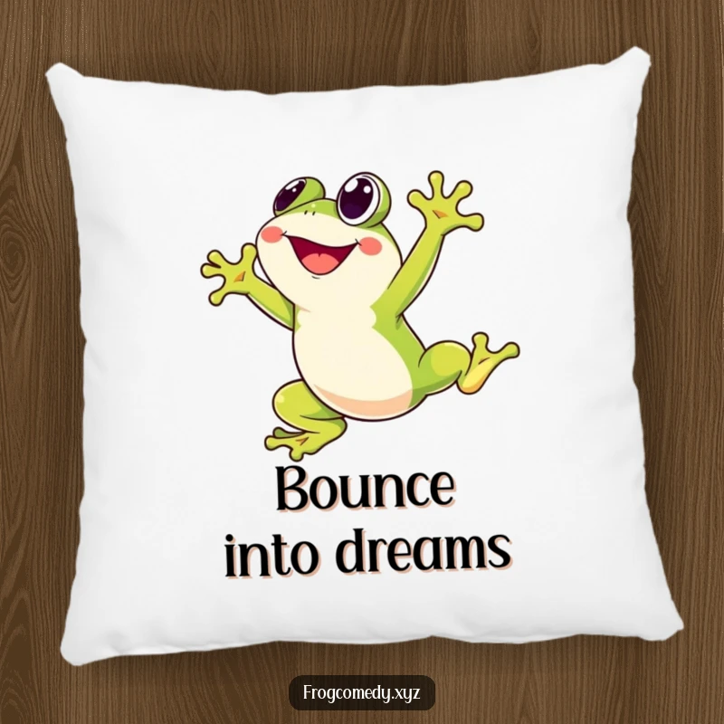 Funny pillow featuring a Kawaii stylized frog character joyfully leaping high into the air, providing comfort and a dose of cute, energetic humor.