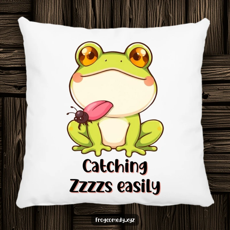 Funny frog with a wide smile, catching a fly with its tongue, on a plush pillow, for humorous and cozy home decor.