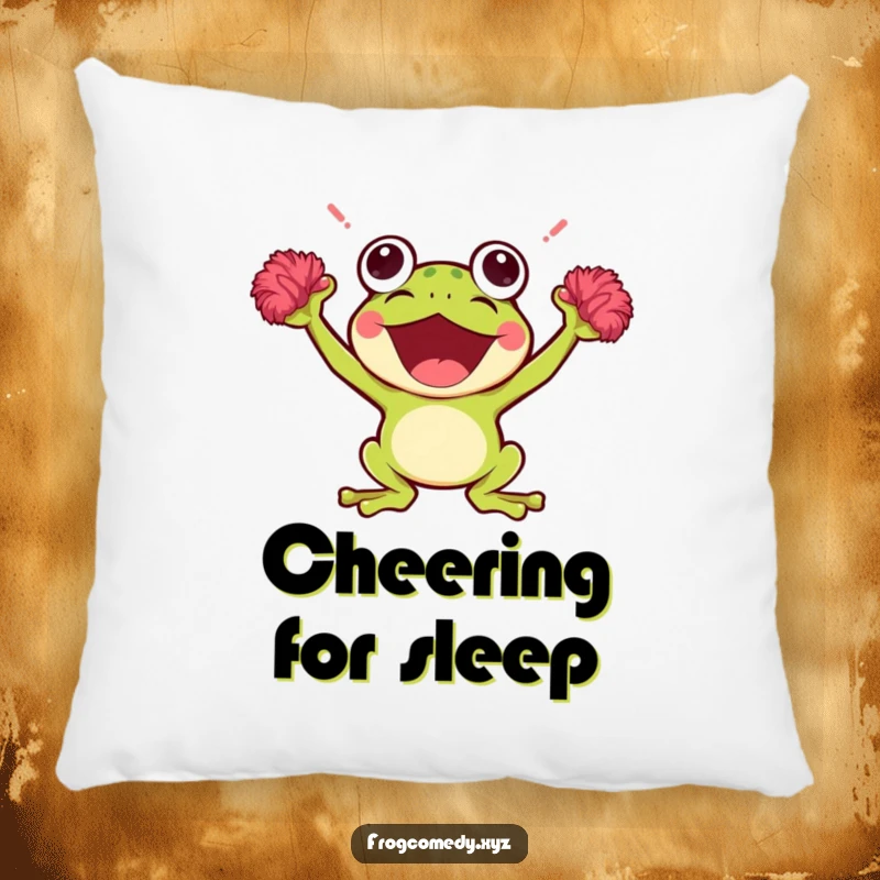 Funny Kawaii Frog Pillow: Soft cushion featuring a cute, cheering Kawaii frog with pom-poms, offering comfort and a spirit-lifting design.