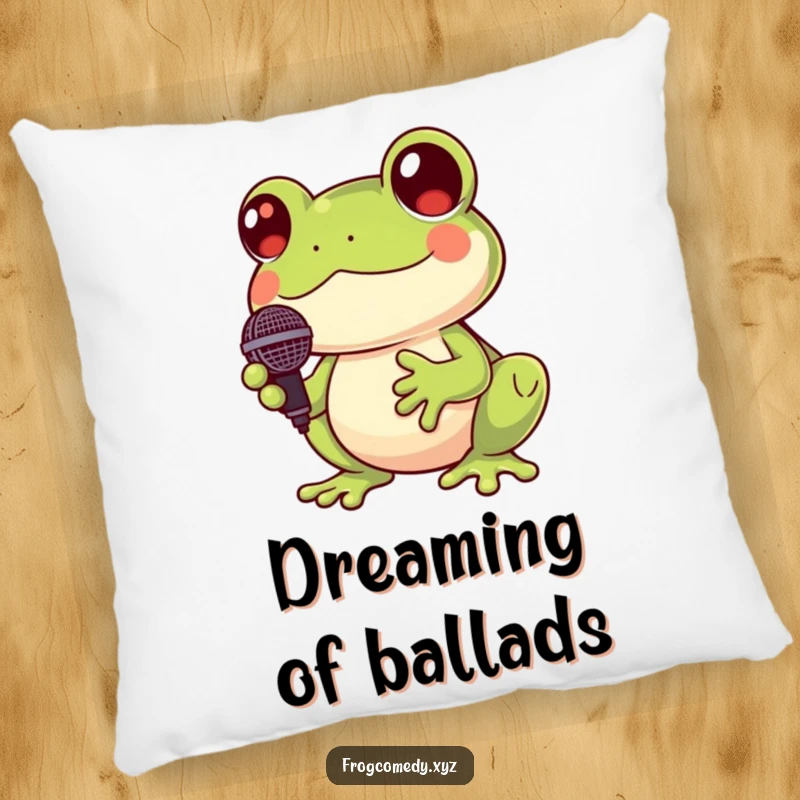 Funny Kawaii frog pillow featuring a cute frog holding a miniature microphone and croaking cheerfully, a whimsical decorative accent.