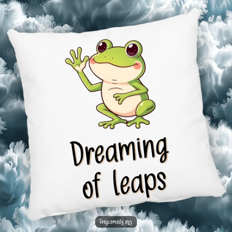 Funny pillow with a happy frog character giving an exaggerated wave using its long legs.