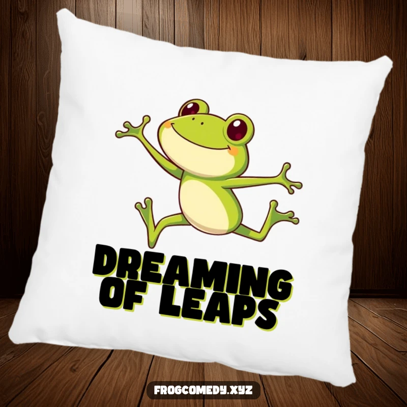 Funny frog pillow, a smiling long-legged frog in a high jump pose, perfect for cozy, funny gift.