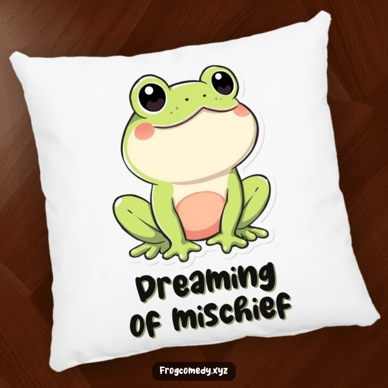 Funny Kawaii Frog Pillow: Soft cushion featuring a cute, playfully winking Kawaii frog, offering comfort and a touch of charming humor.