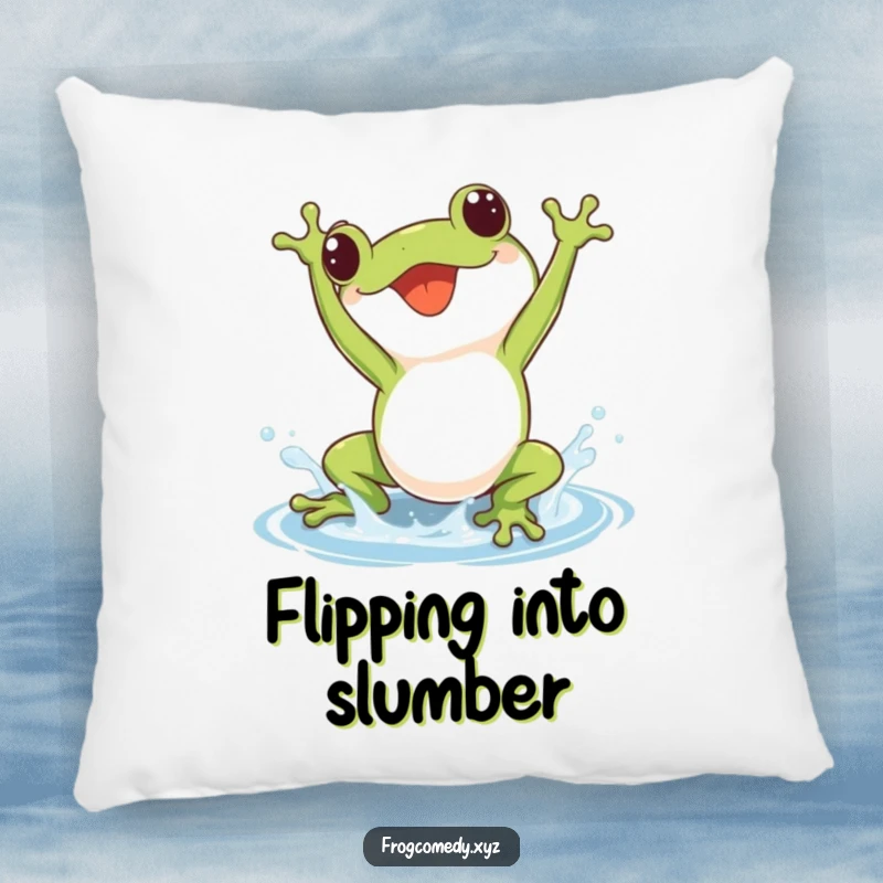 Soft and plush pillow with a kawaii frog doing a joyful somersault, accompanied by a small, playful splash.