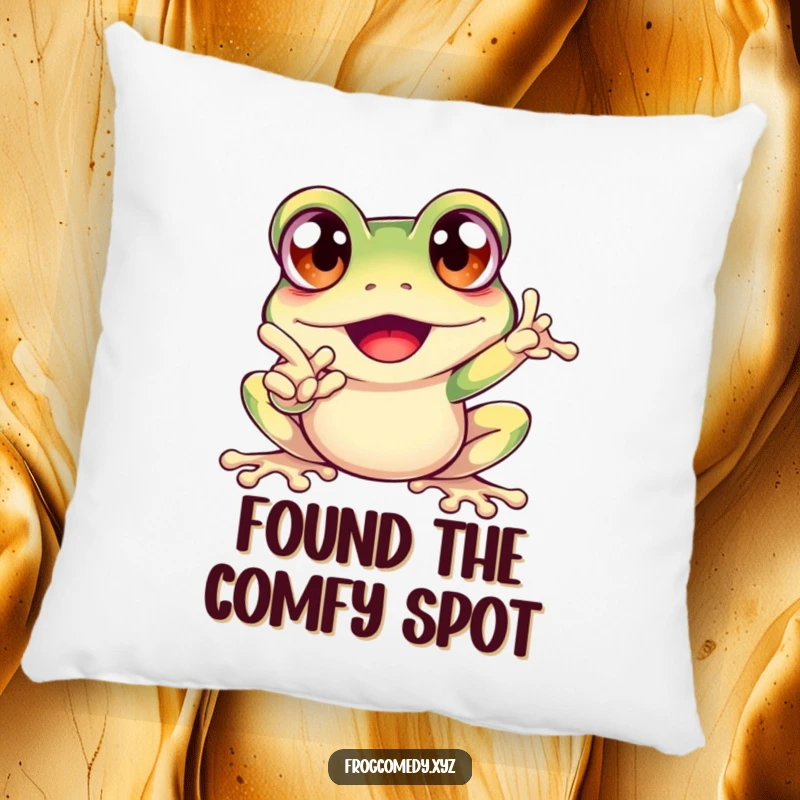 Funny pillow featuring an excited frog with large bulging eyes, pointing with enthusiasm, perfect for adding humor to seating.