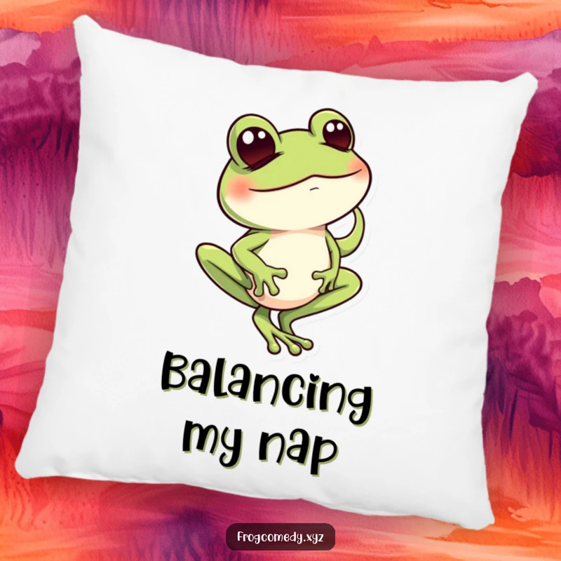Funny frog balancing on one toe with a mischievous wink, soft decorative pillow for cozy humor.