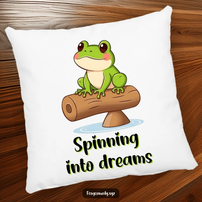 Funny pillow with a design of a green frog balancing on a spinning log, ideal for cheerful decor.