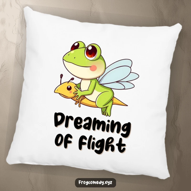 Funny pillow featuring a frog character happily riding a friendly dragonfly, perfect for adding whimsical comfort and humor.