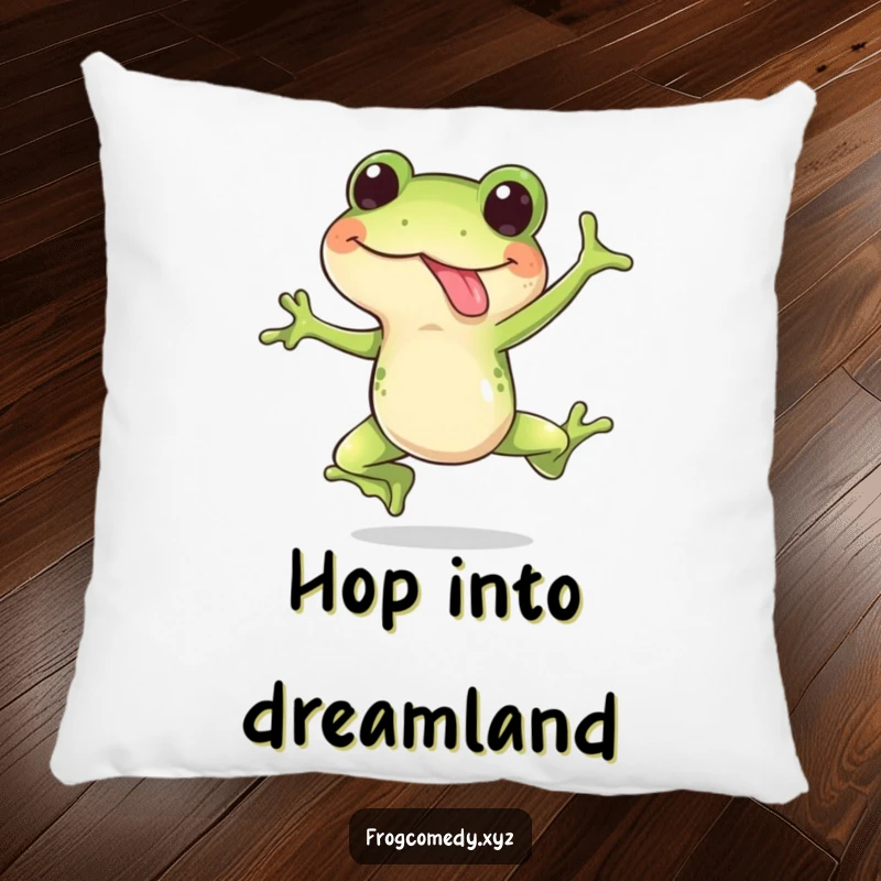 Funny pillow featuring a happy frog in a surprise leap with its tongue out, offering cozy and humorous amphibian decor.