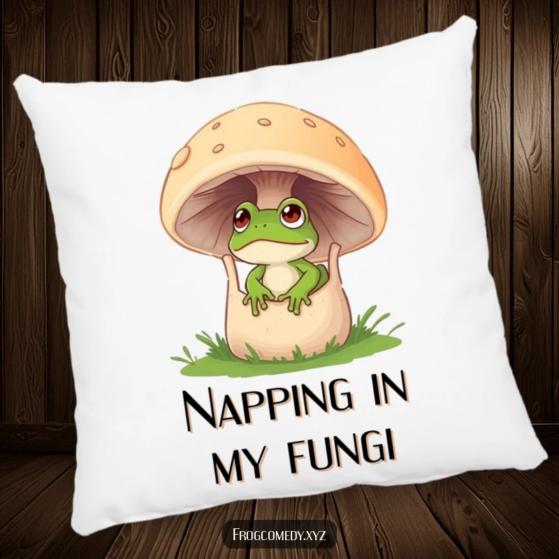Funny throw pillow featuring a curious frog peeking out from a large mushroom.