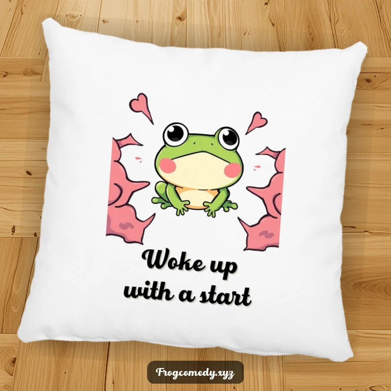 Funny Kawaii Frog Pillow, a surprised frog looking at an approaching boom, soft and humorous decor.