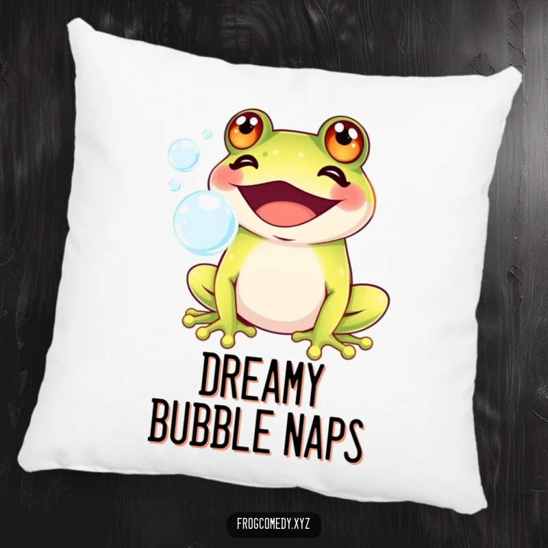 Funny Kawaii frog with a big grin blowing bubbles, designed for a soft pillow, offering comfort and adorable, playful humor.