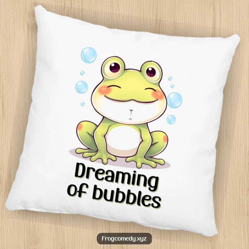 Funny Kawaii frog grinning widely, blowing colorful bubbles, makes this pillow a soft and humorous statement piece.