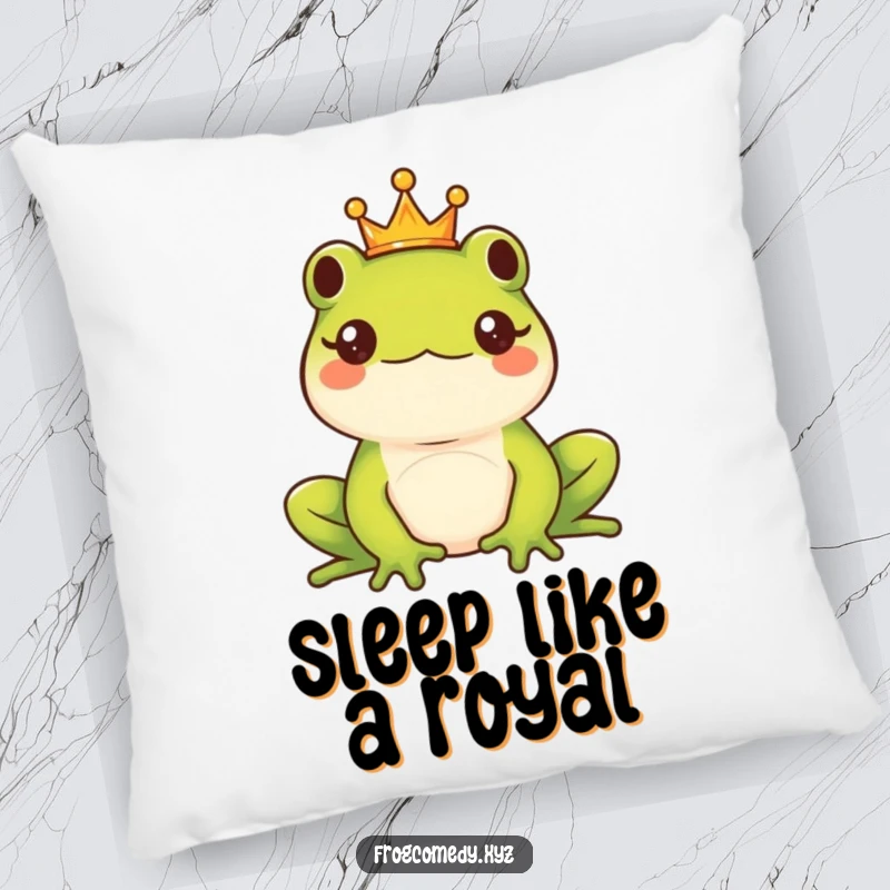Funny Kawaii frog king with a tiny crown, exuding majestic calm and humor on a soft, decorative funny pillow.