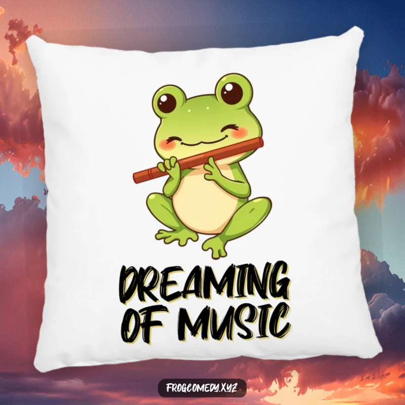 Funny pillow featuring a Kawaii stylized frog character with a big smile playing a tiny flute, providing comfort and a dose of cute, musical humor.