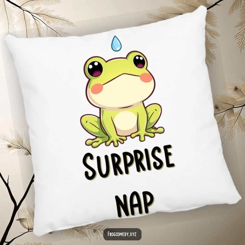 Funny Kawaii frog pillow, soft cushion featuring a cute frog's surprised expression at a raindrop, humorous home decor.