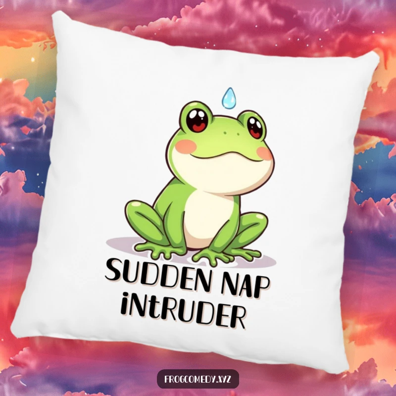 Funny Kawaii frog pillow with a cute frog surprised by a raindrop, a soft and humorous decorative item.