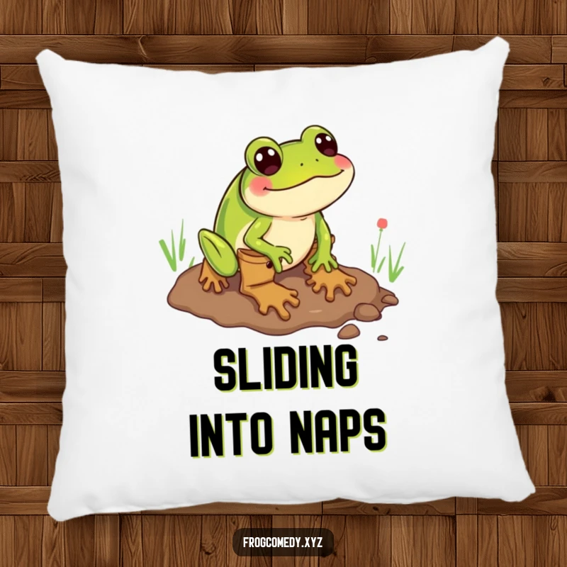 Funny pillow with a design of a frog wearing boots comically sliding through mud, ideal for cheerful decor.