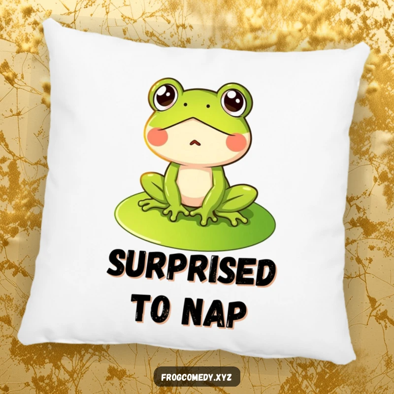 Funny pillow featuring a frog with a comically shocked expression on a lily pad, perfect for adding humor to home decor.