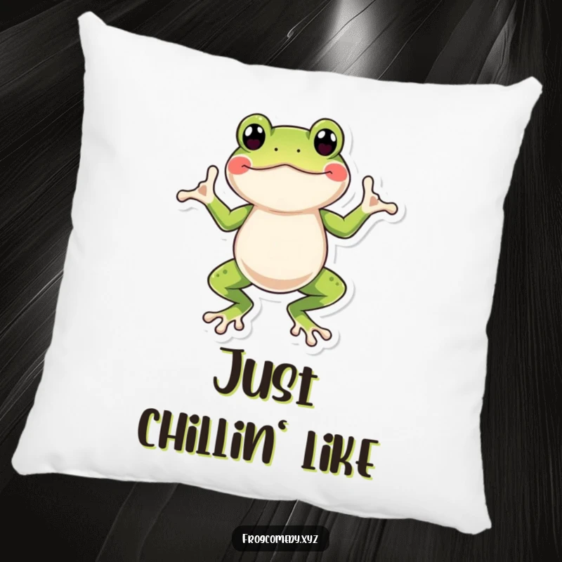 Funny frog pillow featuring a cheerful amphibian performing a comical wiggle dance, adding a touch of whimsy to decor.