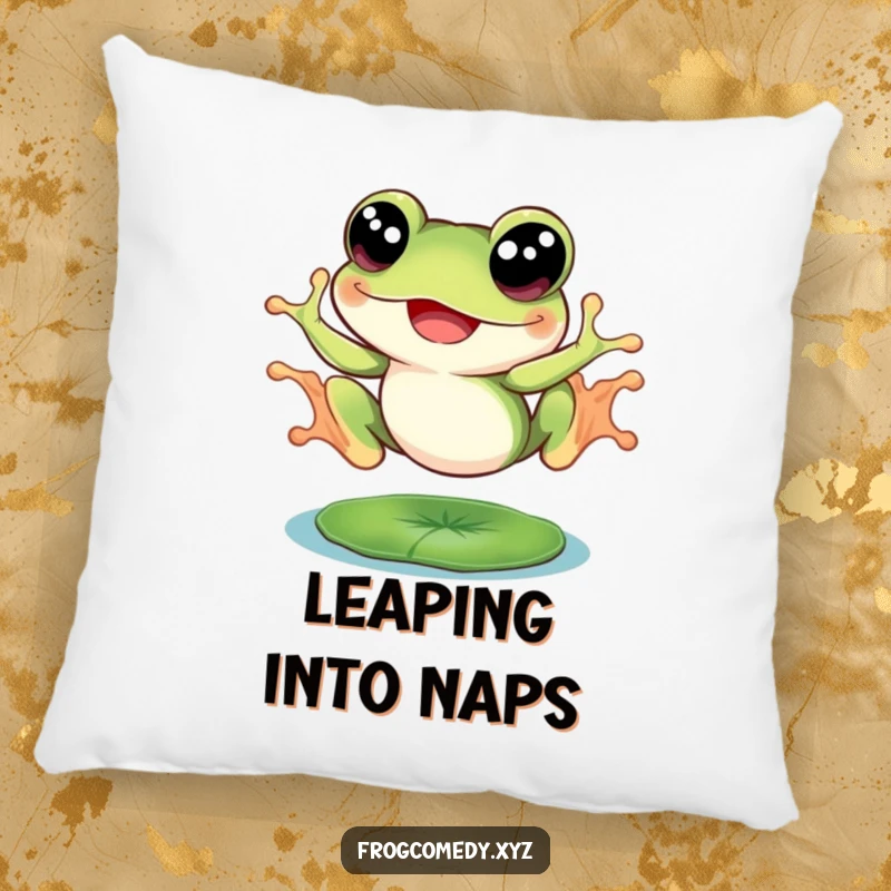 Funny big eyed frog joyfully leaping from a lily pad, on a plush pillow, for humorous and cozy home decor.