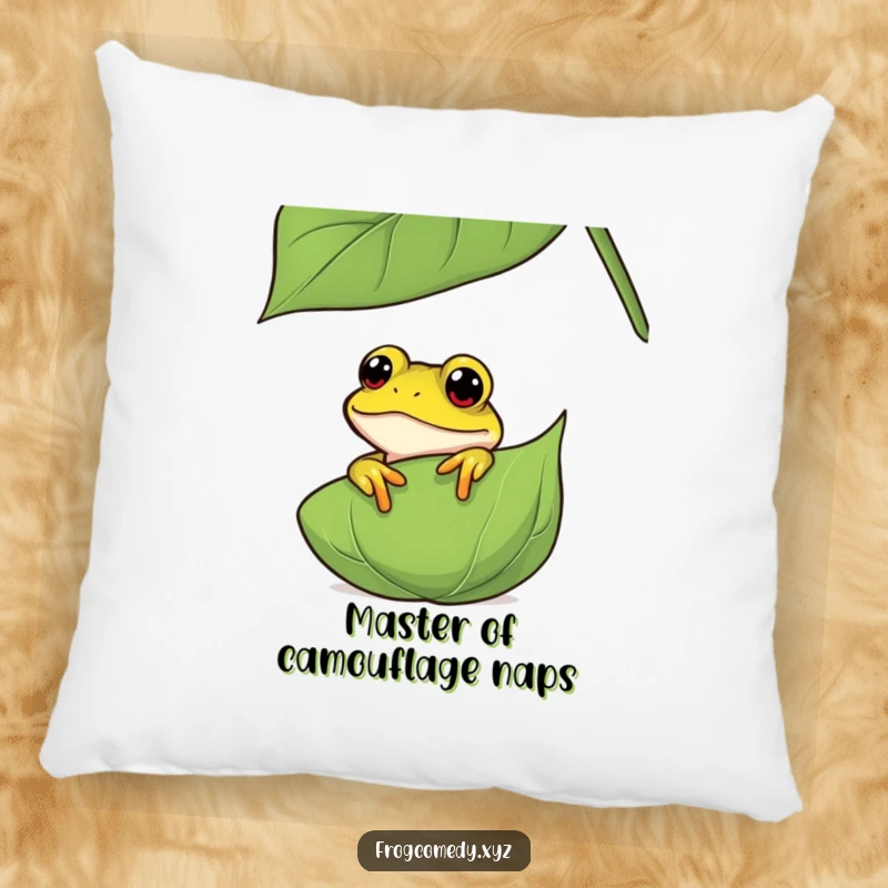 Funny curious frog pillow, featuring an amphibian peeking from behind a leaf, offering comfort and a playful touch to any home.