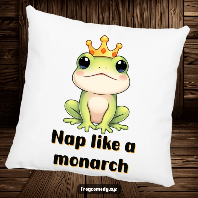 Funny regal frog king pillow, featuring a crowned amphibian, offering comfort and a statement of royal humor for any home.