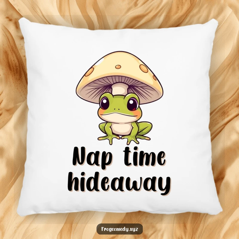 Funny frog curiously peeking from under a mushroom, on a plush pillow, for humorous and cozy home decor.