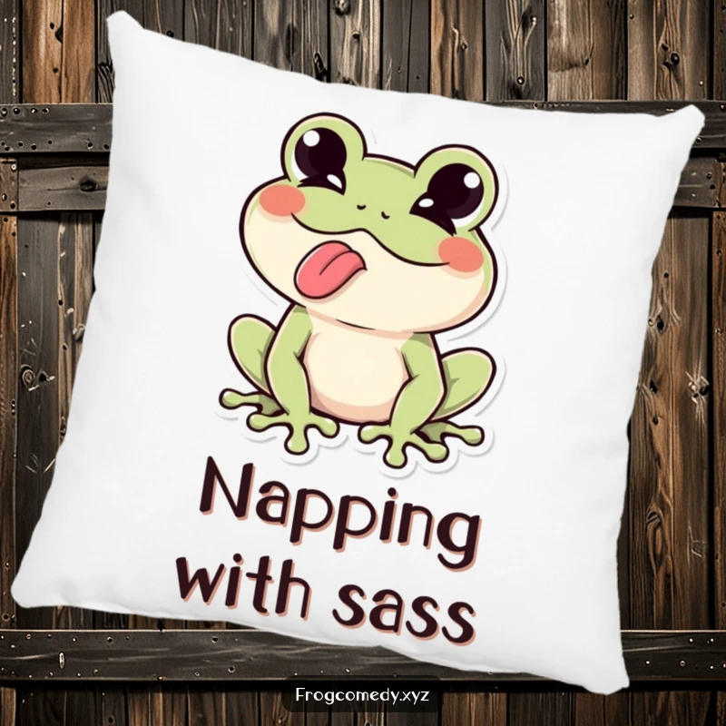 Funny Kawaii frog winking playfully, tongue sticking out, makes this pillow a soft and humorous statement piece.