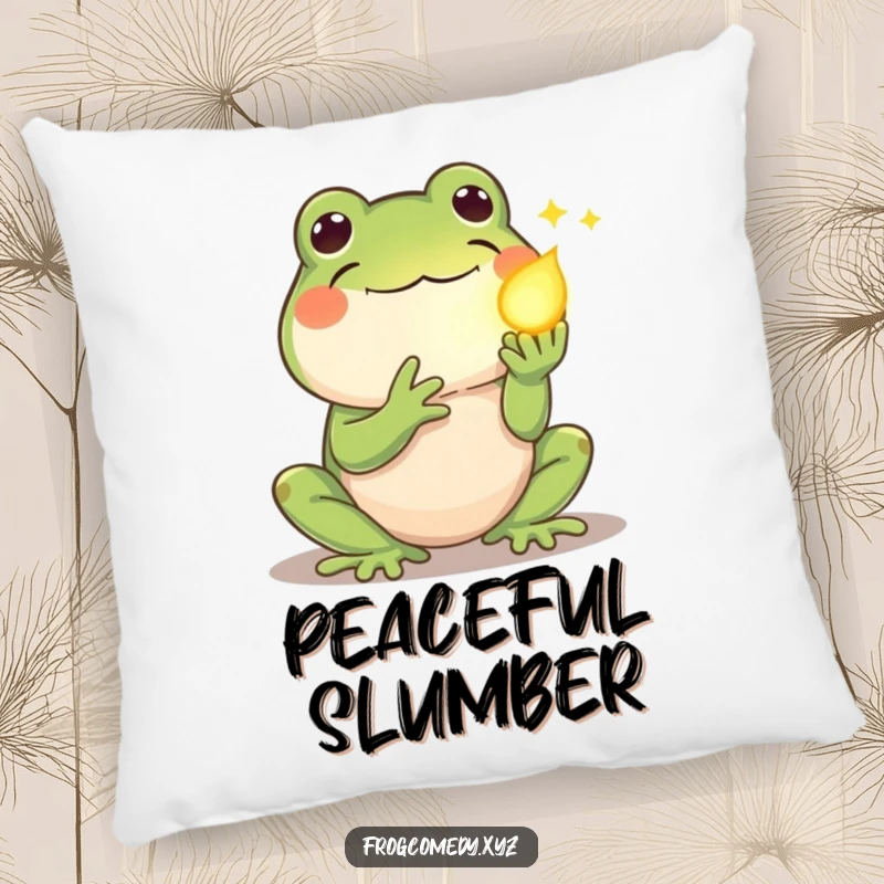 Funny kawaii frog pillow, depicting a shy frog offering a glowing firefly with gentle eyes, offering comfort and warmth.