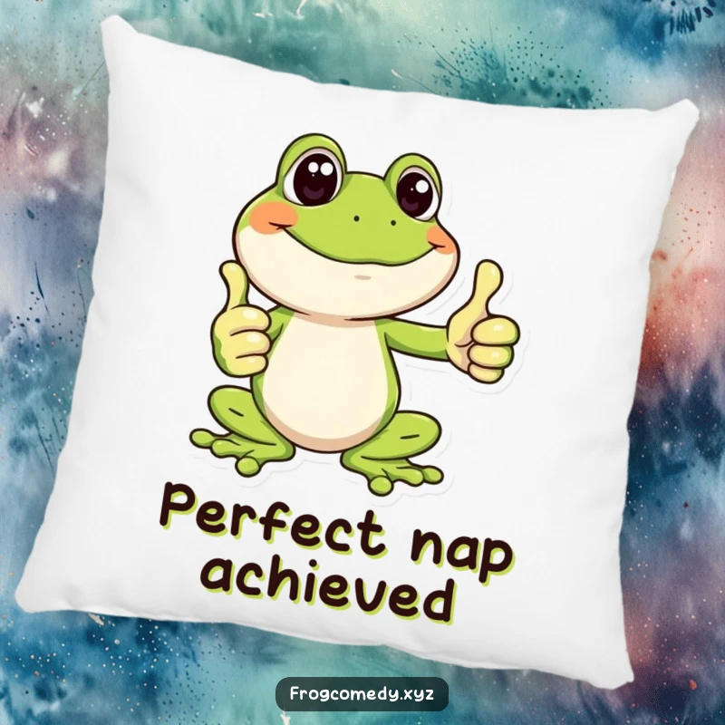 Funny pillow featuring a happy frog giving a big thumbs up, perfect for adding comfort and a funny, positive vibe.