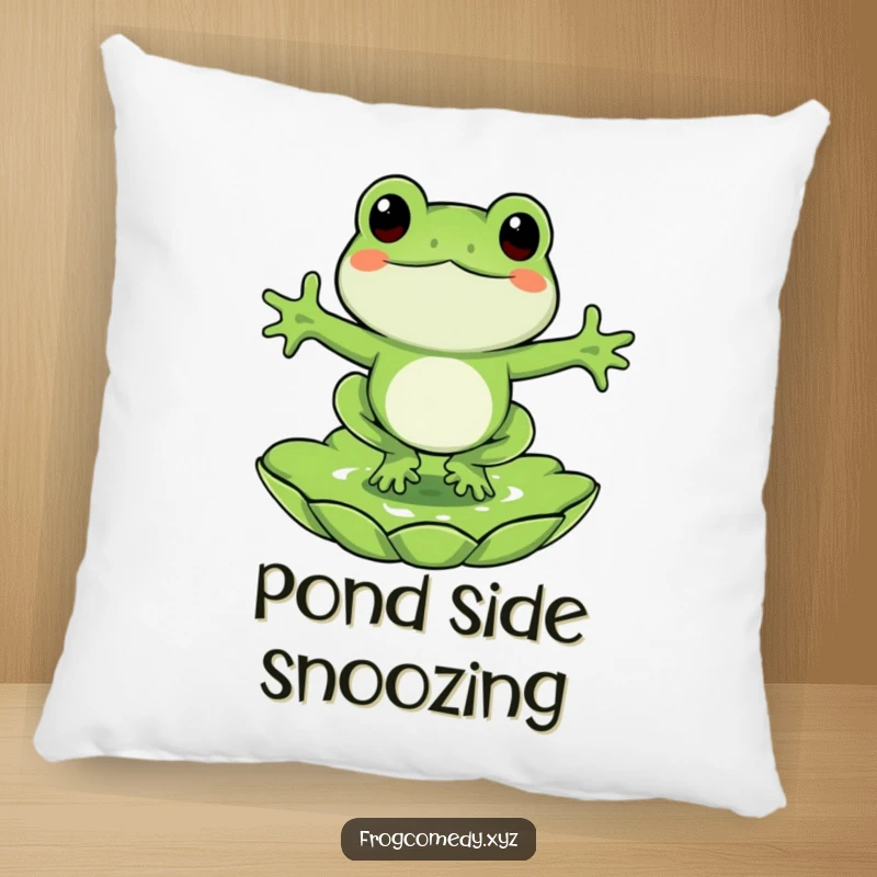 Funny frog pillow, a happy frog jumping onto a lily pad, soft and whimsical decorative cushion.