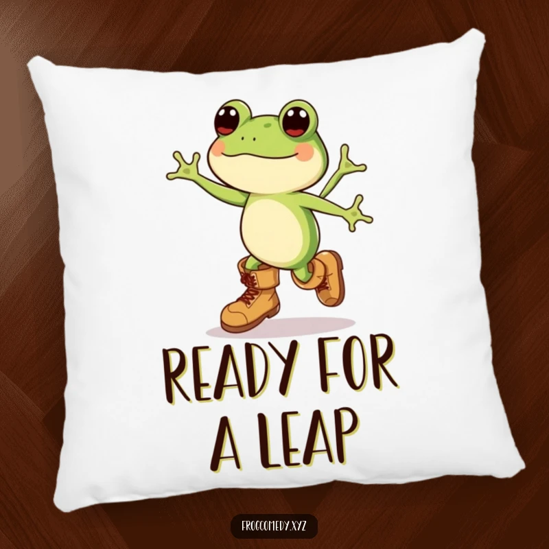 Funny Kawaii frog, wearing oversized boots and leaping with extreme happiness, makes this pillow a soft and humorous statement.